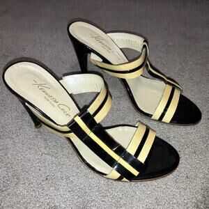 Cream and black striped strappy open toe sandal heels Kenneth Cole New York